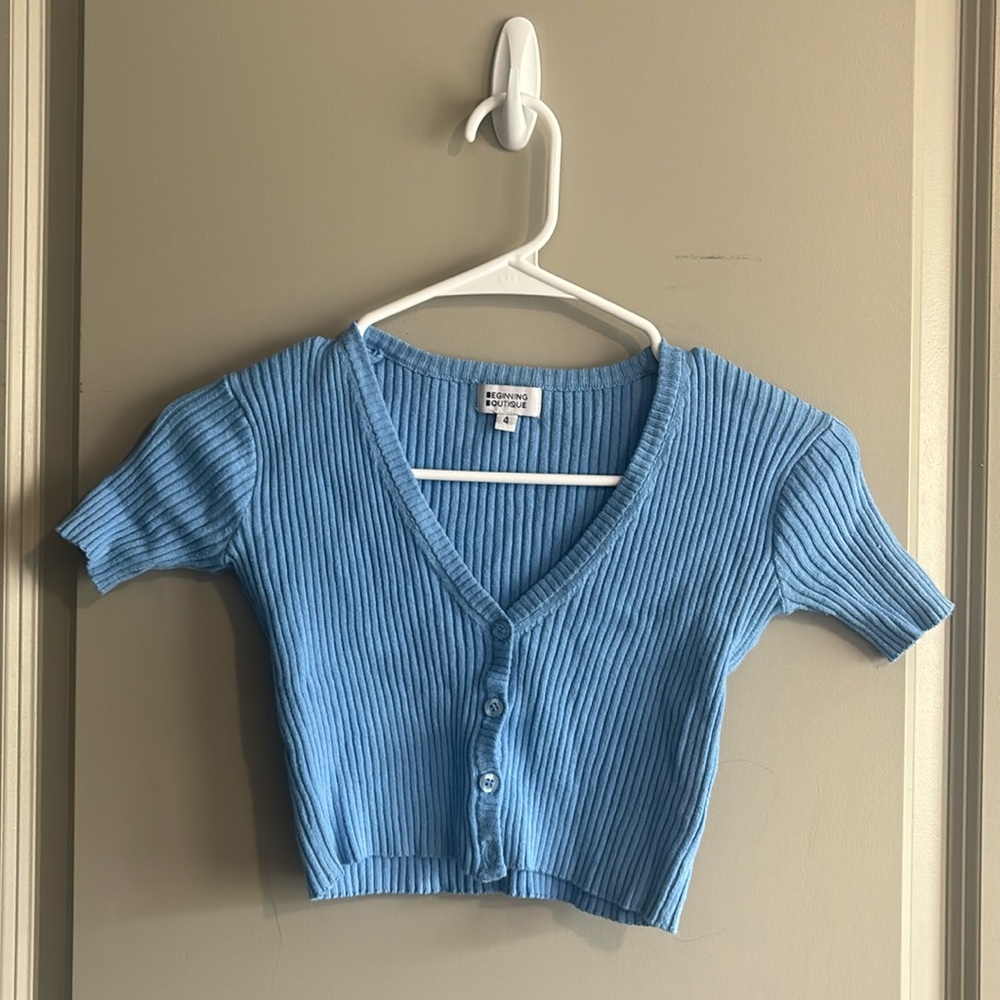 Beginning boutique blue rib knit button crop top